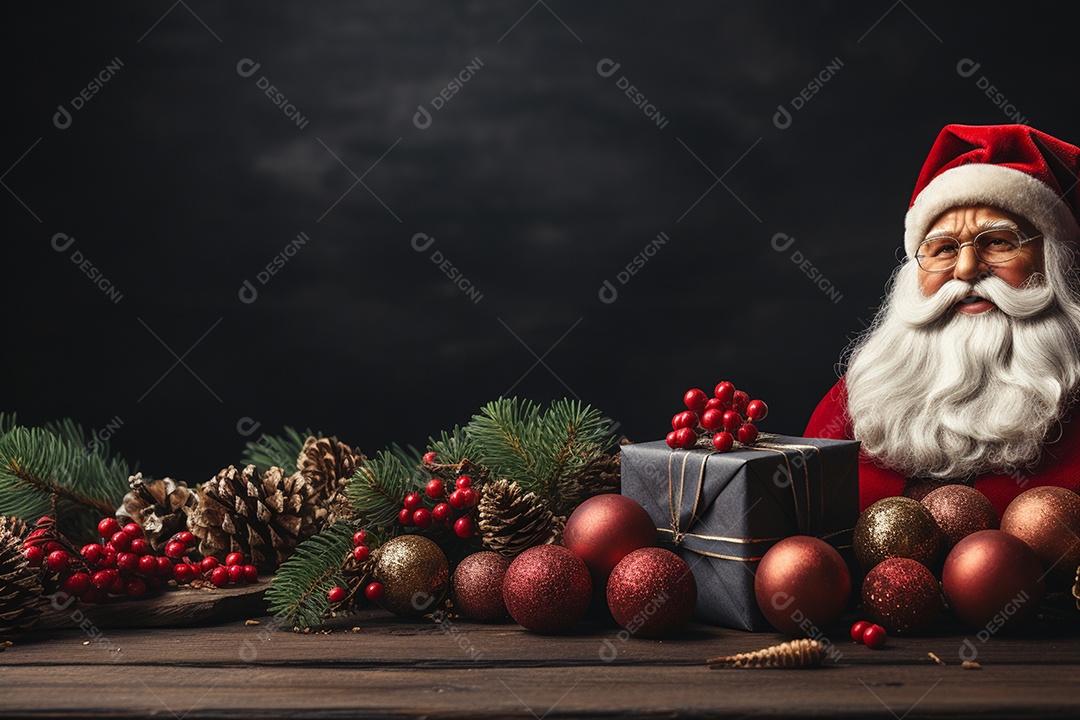 Banner de Natal com espaço em branco para texto, Papai Noel celebra com caixas de presente, galhos de árvores de abeto e enfeites vermelhos, fundo de cor escura