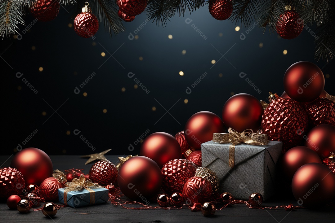 Banner de Natal com espaço em branco para texto, Papai Noel celebra com caixas de presente, galhos de árvores de abeto e enfeites vermelhos, fundo de cor escura