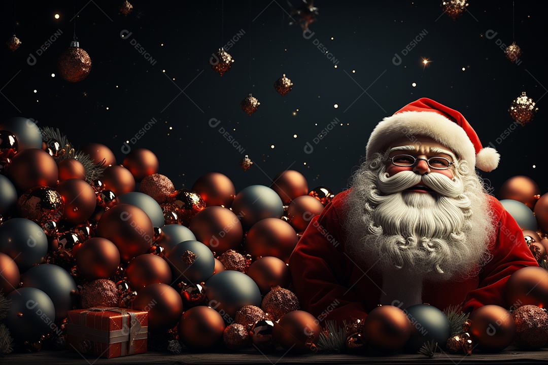 Banner de Natal com espaço em branco para texto, Papai Noel celebra com caixas de presente, galhos de árvores de abeto e enfeites vermelhos, fundo de cor escura