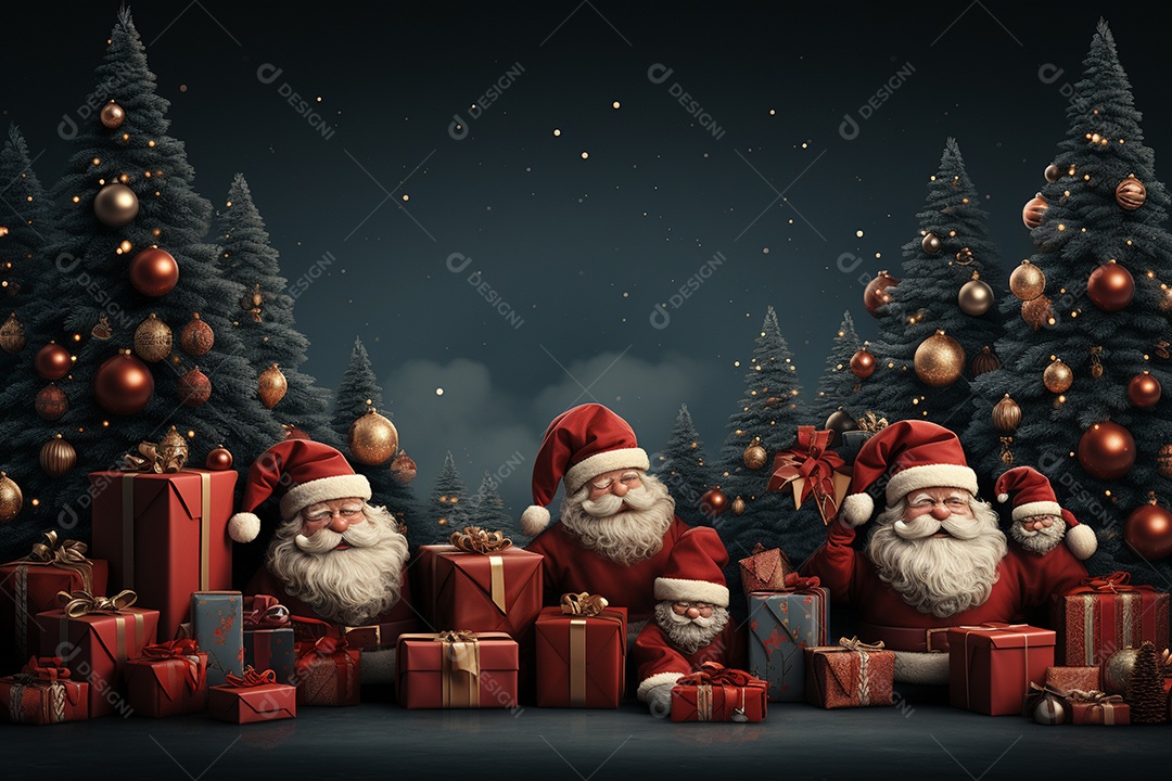 Banner de Natal com espaço em branco para texto, Papai Noel celebra com caixas de presente, galhos de árvores de abeto e enfeites vermelhos, fundo de cor escura