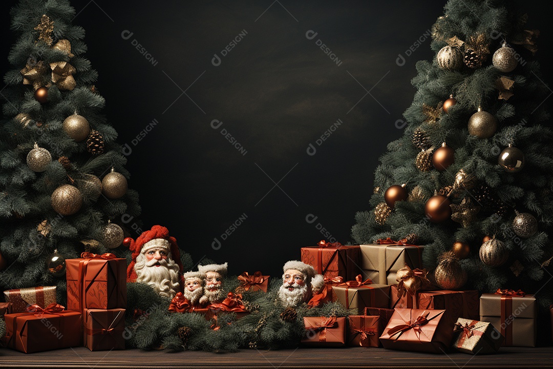 Banner de Natal com espaço em branco para texto, Papai Noel celebra com caixas de presente, galhos de árvores de abeto e enfeites vermelhos, fundo de cor escura