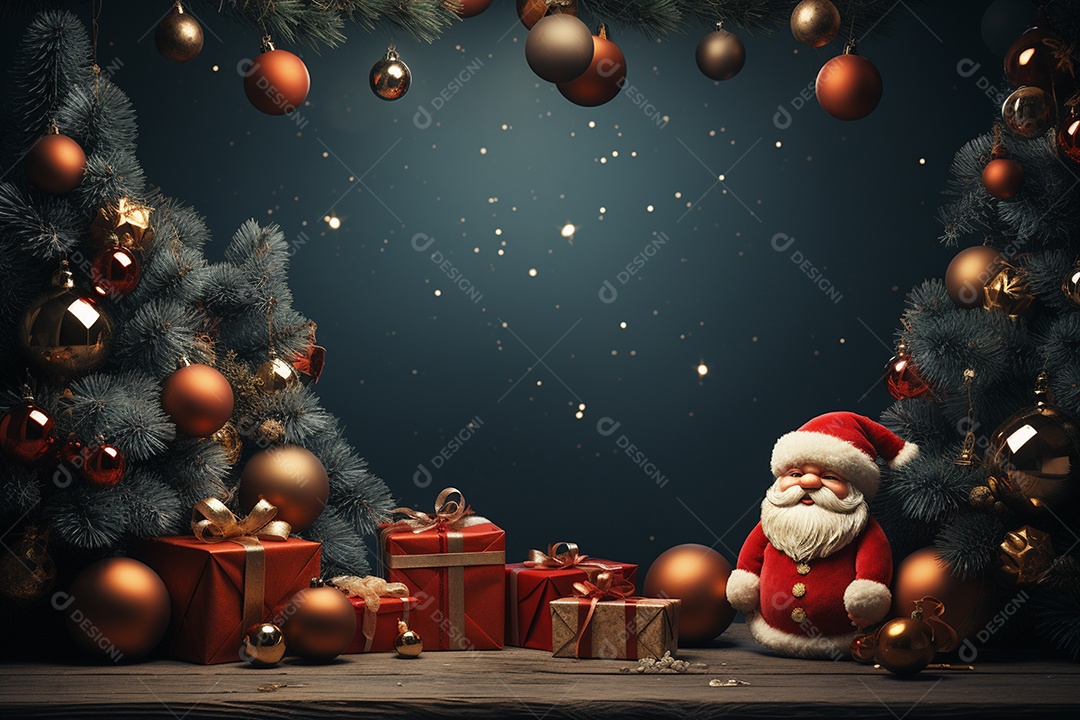 Banner de Natal com espaço em branco para texto, Papai Noel celebra com caixas de presente, galhos de árvores de abeto e enfeites vermelhos, fundo de cor escura