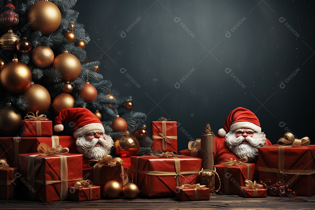 Banner de Natal Papai Noel celebra com caixas de presente, galhos de árvores de abeto e enfeites vermelhos, fundo de cor escura