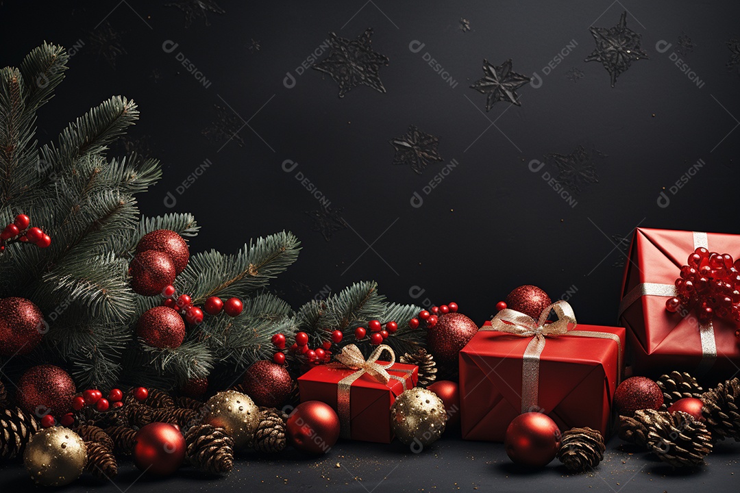 Banner de Natal Papai Noel celebra com caixas de presente, galhos de árvores de abeto e enfeites vermelhos, fundo de cor escura