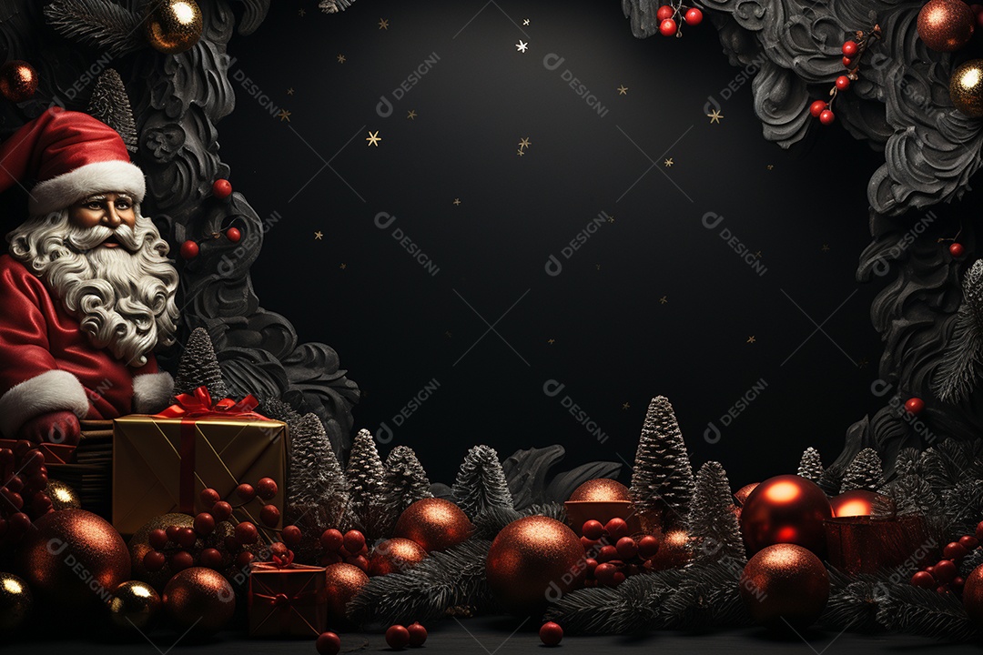 Banner de Natal Papai Noel celebra com caixas de presente, galhos de árvores de abeto e enfeites vermelhos, fundo de cor escura