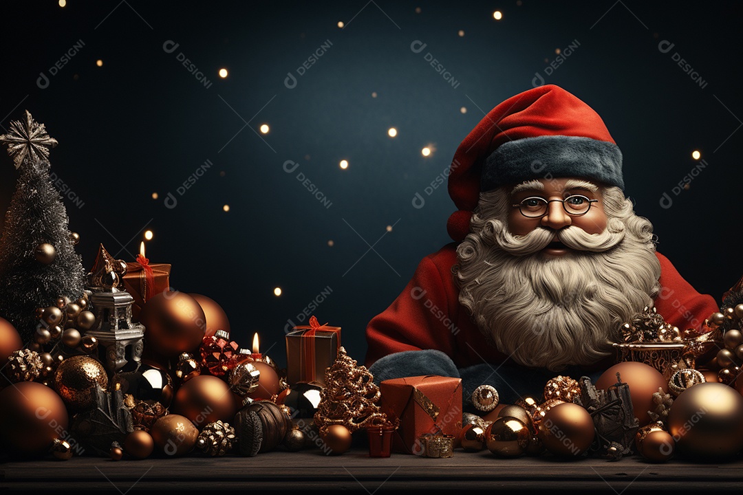 Banner de Natal com espaço em branco para texto, Papai Noel celebra com caixas de presente, galhos de árvores de abeto e enfeites vermelhos, fundo de cor escura