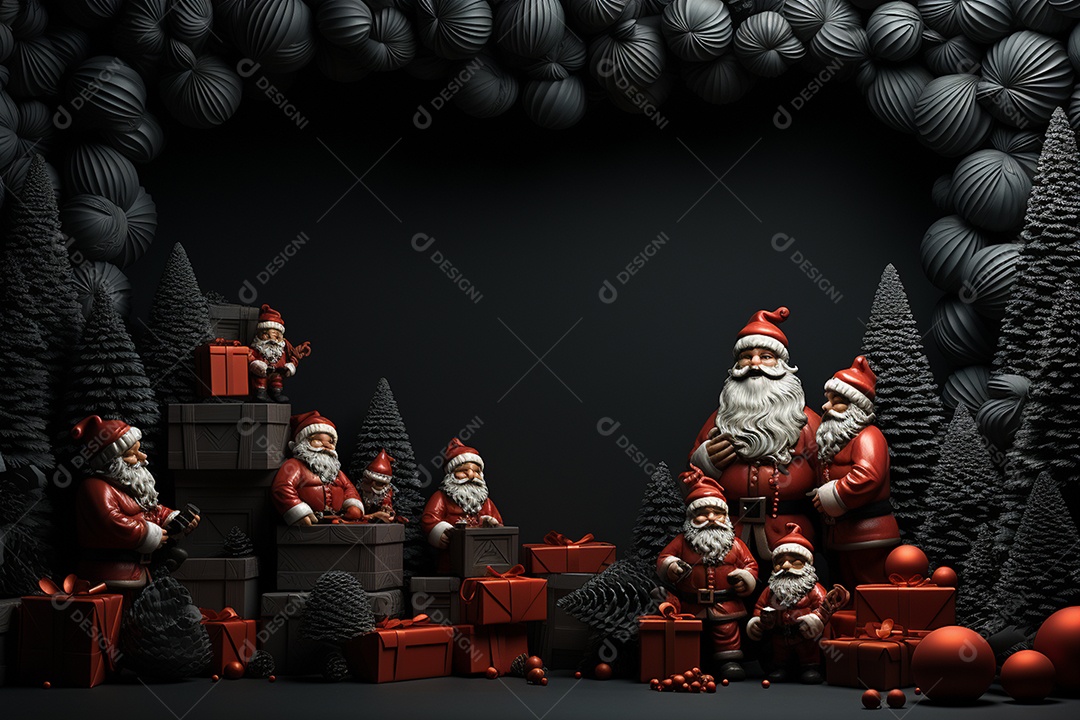 Banner de Natal com espaço em branco para texto, Papai Noel celebra com caixas de presente, galhos de árvores de abeto e enfeites vermelhos, fundo de cor escura