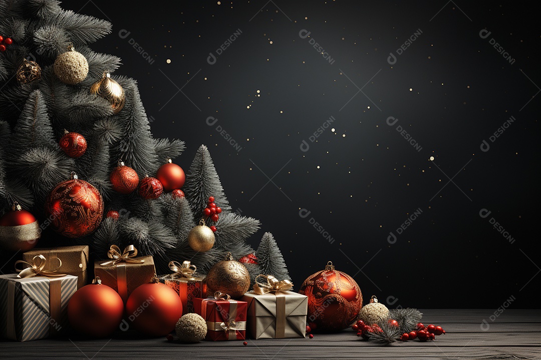 Banner de Natal com espaço em branco para texto, Papai Noel celebra com caixas de presente, galhos de árvores de abeto e enfeites vermelhos, fundo de cor escura