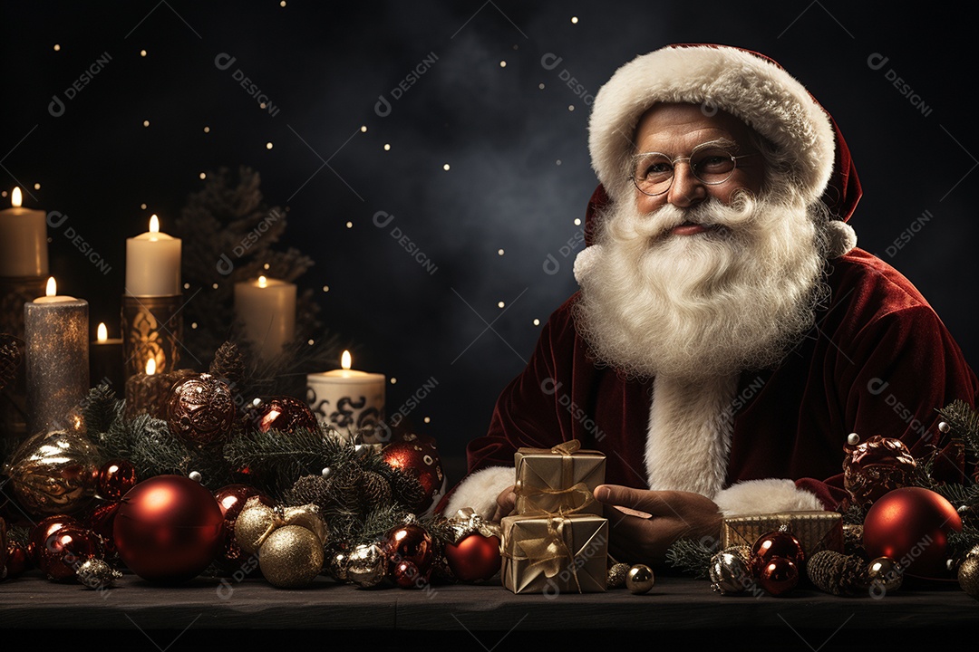 Banner de Natal com espaço em branco para texto, Papai Noel celebra com caixas de presente, galhos de árvores de abeto e enfeites vermelhos, fundo de cor escura