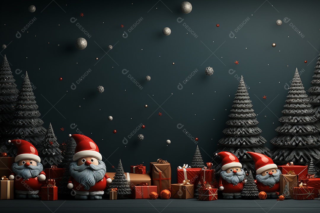 Christmas banner with blank space for text, santa claus celebrate with giftboxes, fir tree branches and red ornaments, dark color background 00776