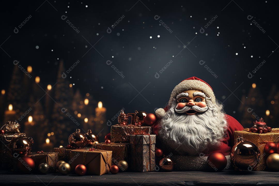 Banner de Natal Papai Noel celebra com caixas de presente, galhos de árvores de abeto e enfeites vermelhos, fundo de cor escura