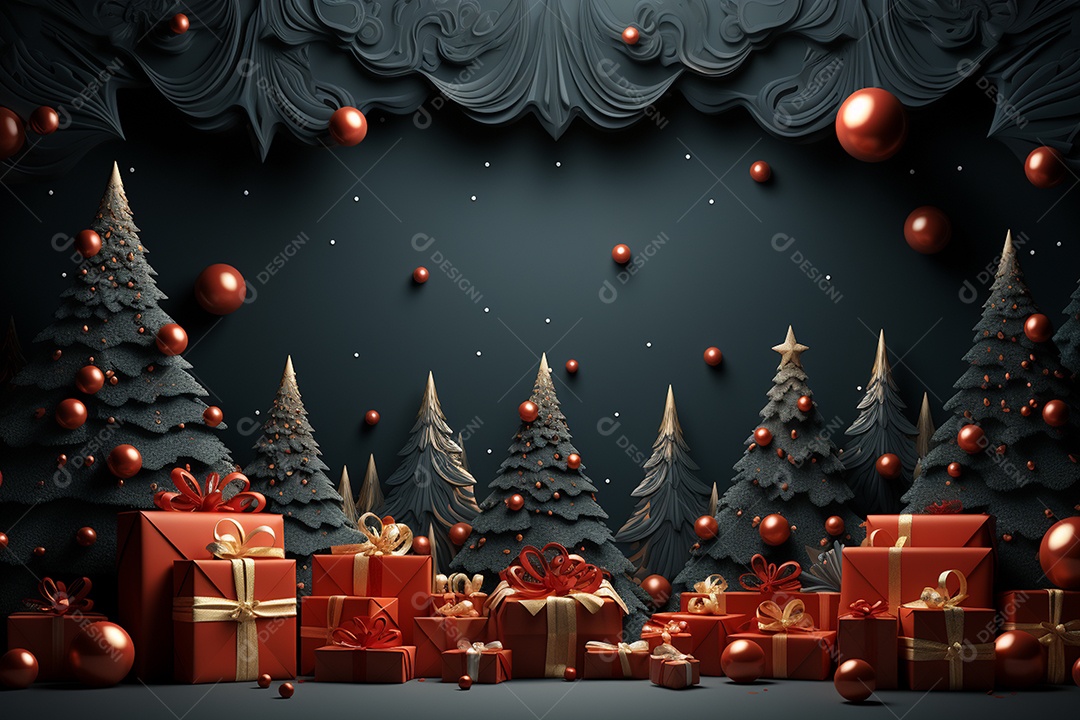 Banner de Natal Papai Noel celebra com caixas de presente, galhos de árvores de abeto e enfeites vermelhos, fundo de cor escura