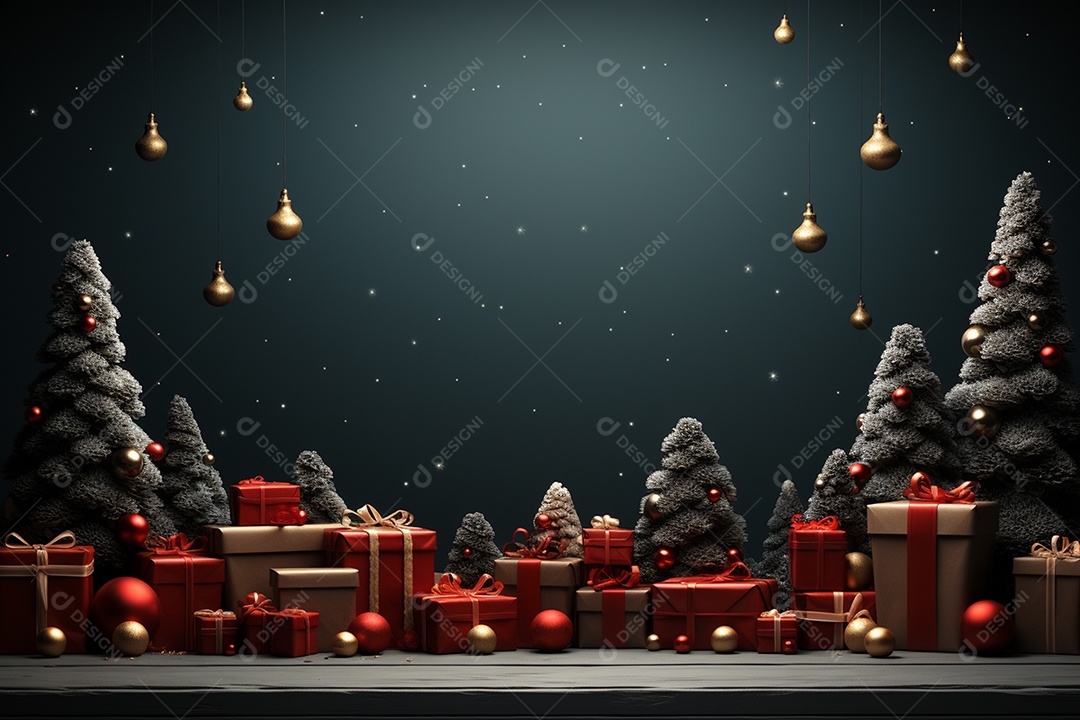 Banner de Natal Papai Noel celebra com caixas de presente, galhos de árvores de abeto e enfeites vermelhos, fundo de cor escura