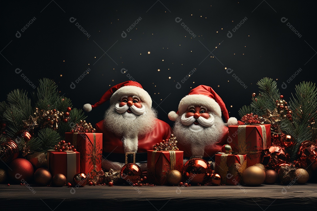 Banner de Natal Papai Noel celebra com caixas de presente, galhos de árvores de abeto e enfeites vermelhos, fundo de cor escura