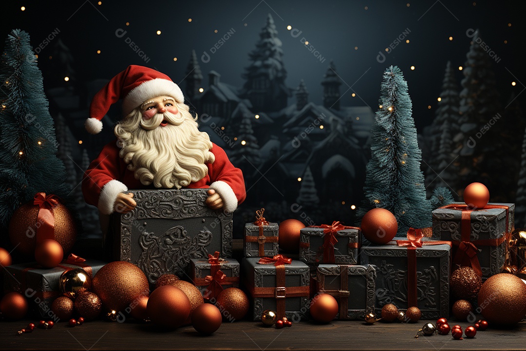 Banner de Natal Papai Noel celebra com caixas de presente, galhos de árvores de abeto e enfeites vermelhos, fundo de cor escura