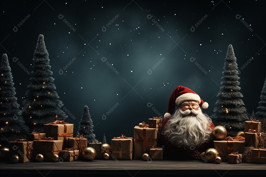 Banner de Natal Papai Noel celebra com caixas de presente, galhos de árvores de abeto e enfeites vermelhos, fundo de cor escura