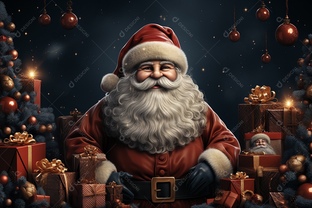 Banner de Natal Papai Noel celebra com caixas de presente, galhos de árvores de abeto e enfeites vermelhos, fundo de cor escura