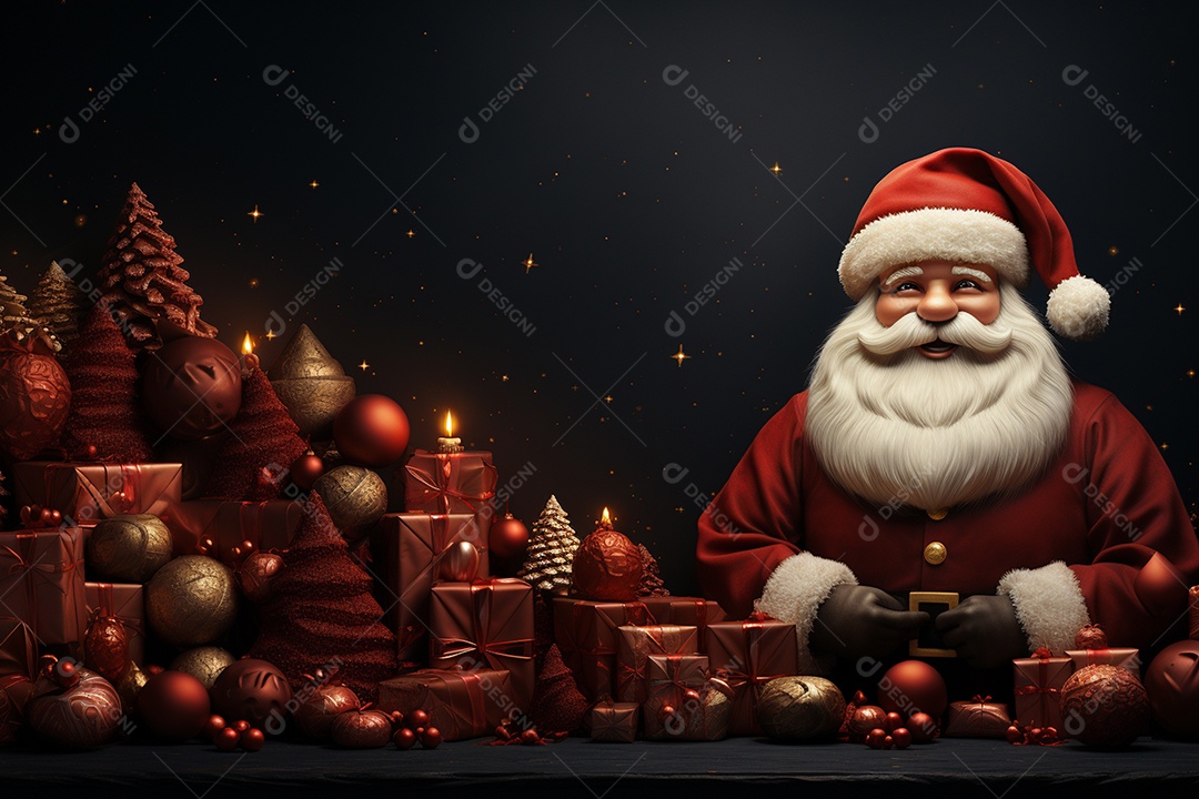 Banner de Natal Papai Noel celebra com caixas de presente, galhos de árvores de abeto e enfeites vermelhos, fundo de cor escura