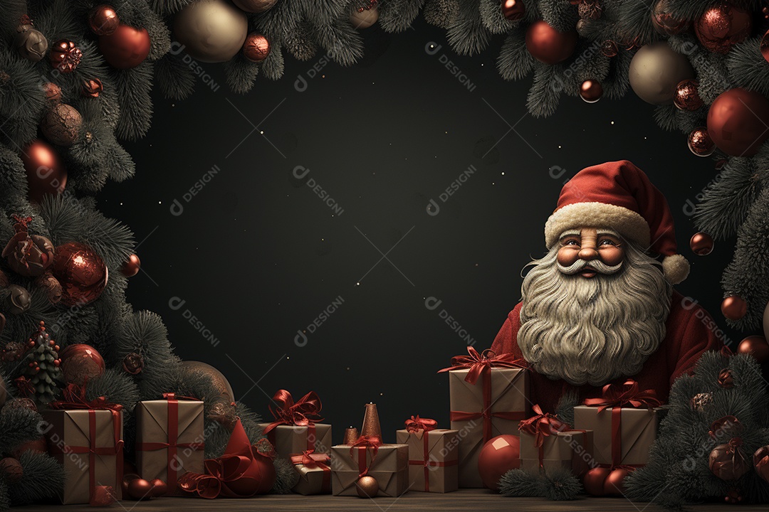 Banner de Natal Papai Noel celebra com caixas de presente, galhos de árvores de abeto e enfeites vermelhos, fundo de cor escura