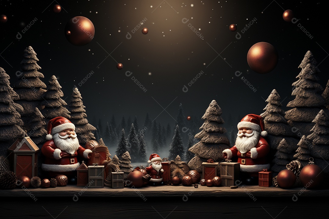 Banner de Natal Papai Noel celebra com caixas de presente, galhos de árvores de abeto e enfeites vermelhos, fundo de cor escura