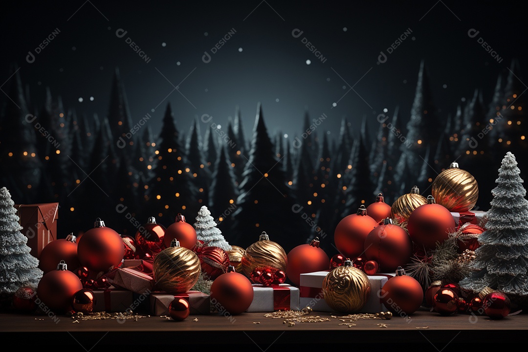 Banner de Natal Papai Noel celebra com caixas de presente, galhos de árvores de abeto e enfeites vermelhos, fundo de cor escura