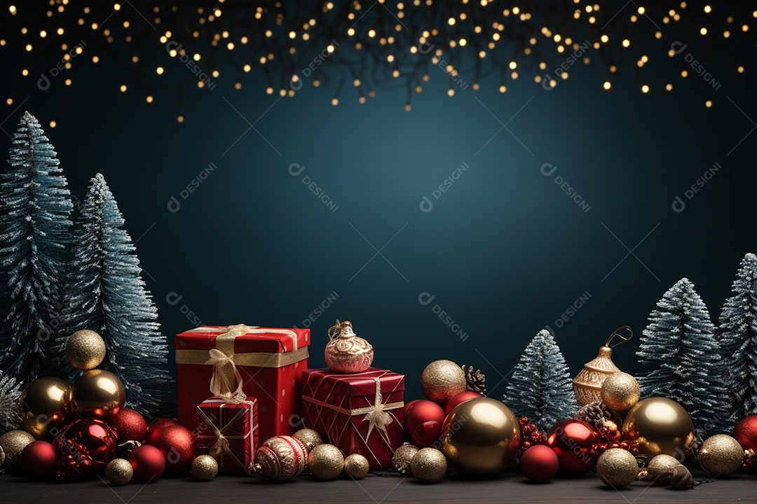 Banner de Natal Papai Noel celebra com caixas de presente, galhos de árvores de abeto e enfeites vermelhos, fundo de cor escura