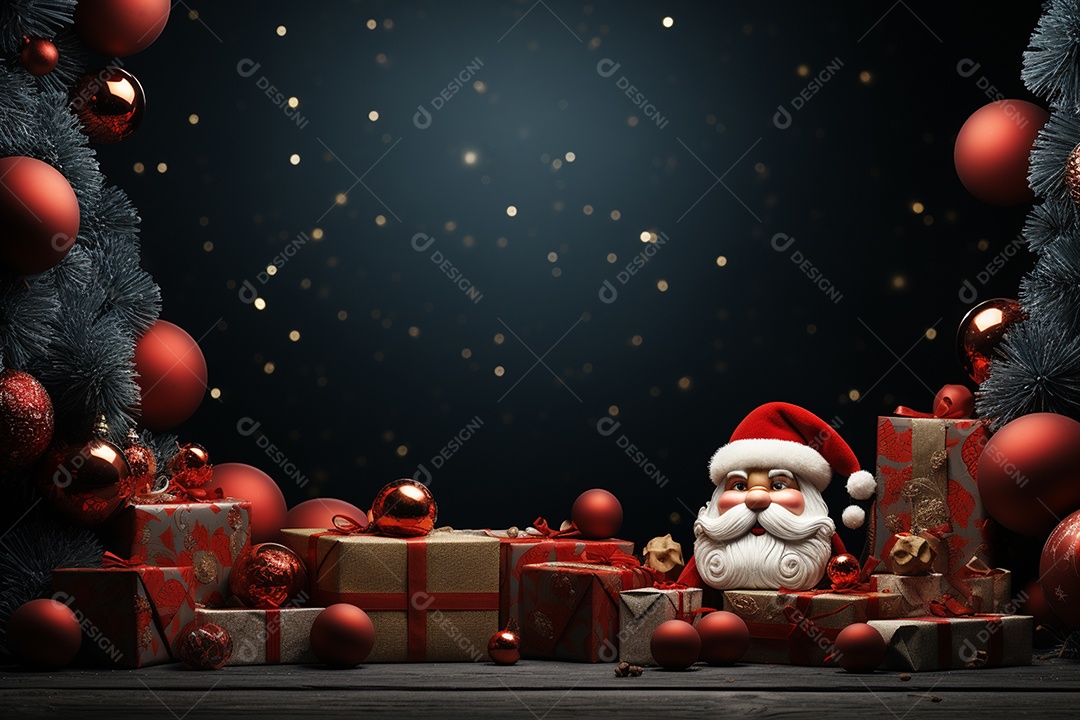 Banner de Natal Papai Noel celebra com caixas de presente, galhos de árvores de abeto e enfeites vermelhos, fundo de cor escura