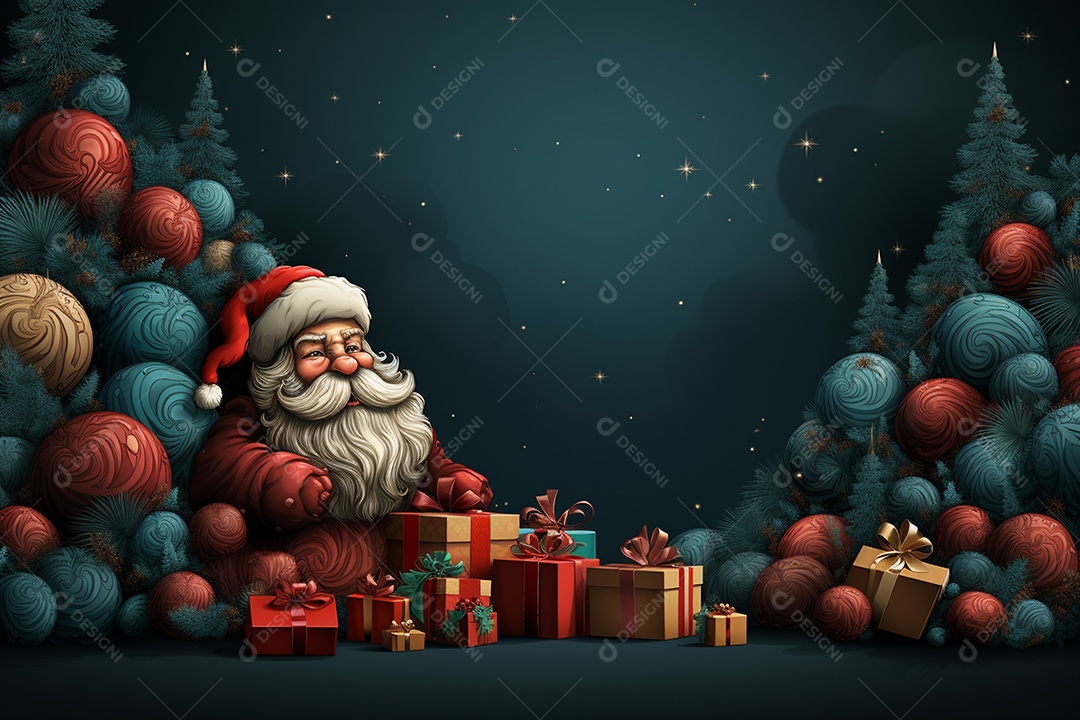 Banner de Natal Papai Noel celebra com caixas de presente, galhos de árvores de abeto e enfeites vermelhos, fundo de cor escura