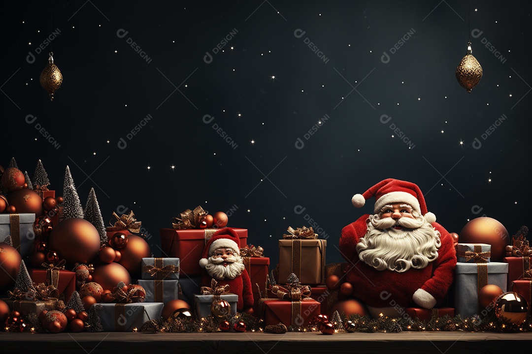 Banner de Natal Papai Noel celebra com caixas de presente, galhos de árvores de abeto e enfeites vermelhos, fundo de cor escura