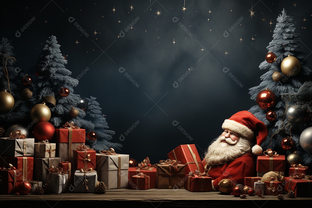 Banner de Natal Papai Noel celebra com caixas de presente, galhos de árvores de abeto e enfeites vermelhos, fundo de cor escura