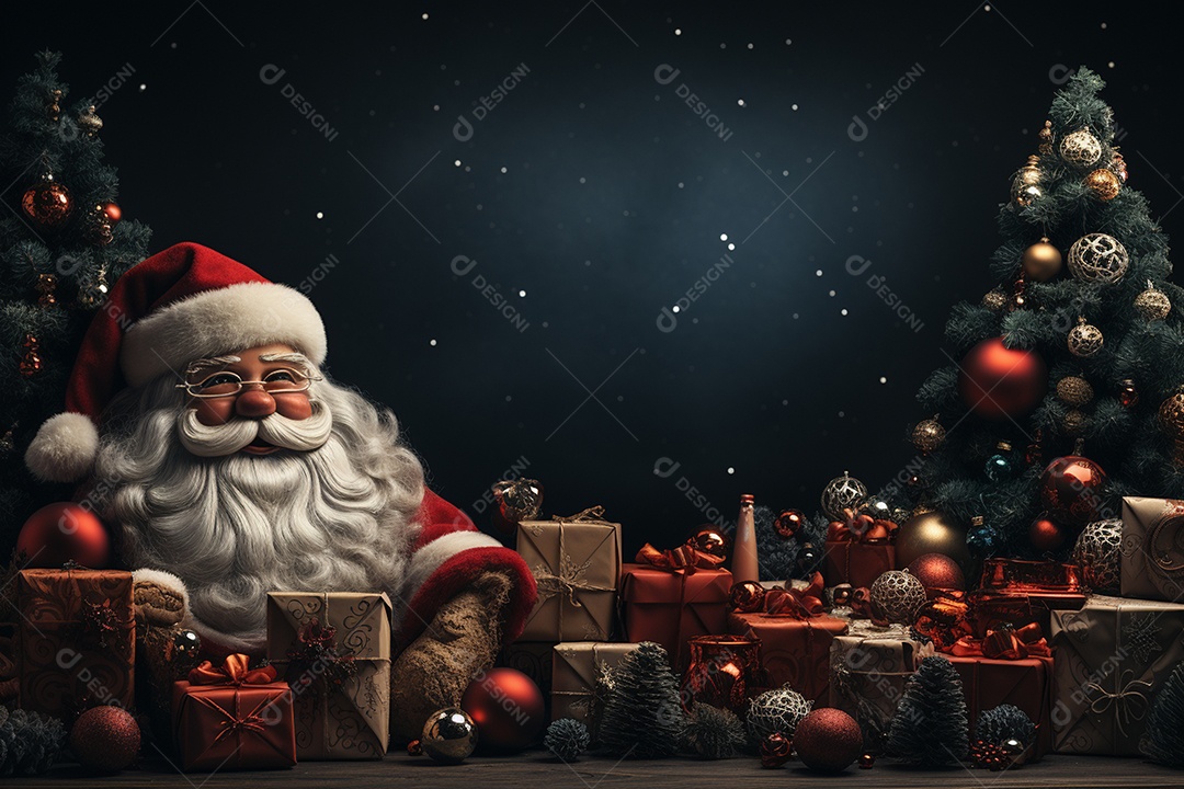 Banner de Natal Papai Noel celebra com caixas de presente, galhos de árvores de abeto e enfeites vermelhos, fundo de cor escura