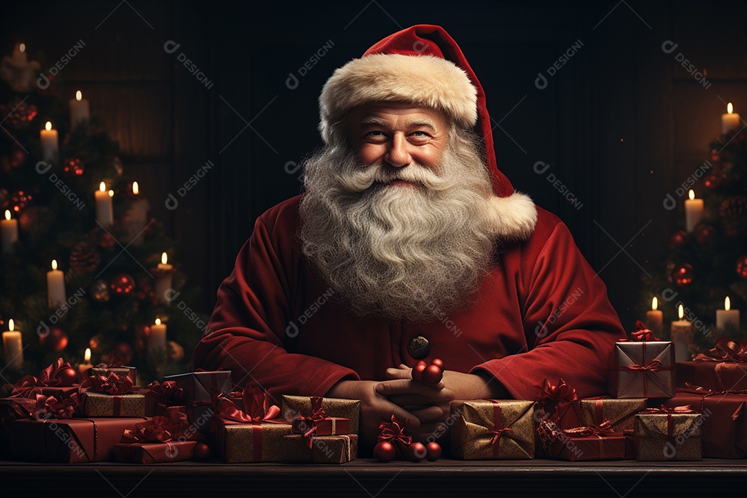 Banner de Natal Papai Noel celebra com caixas de presente, galhos de árvores de abeto e enfeites vermelhos, fundo de cor escura