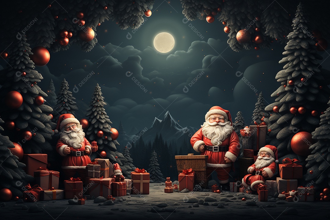 Banner de Natal Papai Noel celebra com caixas de presente, galhos de árvores de abeto e enfeites vermelhos, fundo de cor escura