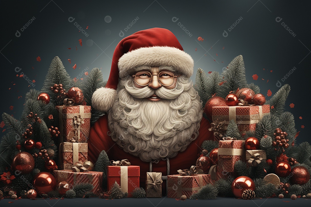 Banner de Natal Papai Noel celebra com caixas de presente, galhos de árvores de abeto e enfeites vermelhos, fundo de cor escura