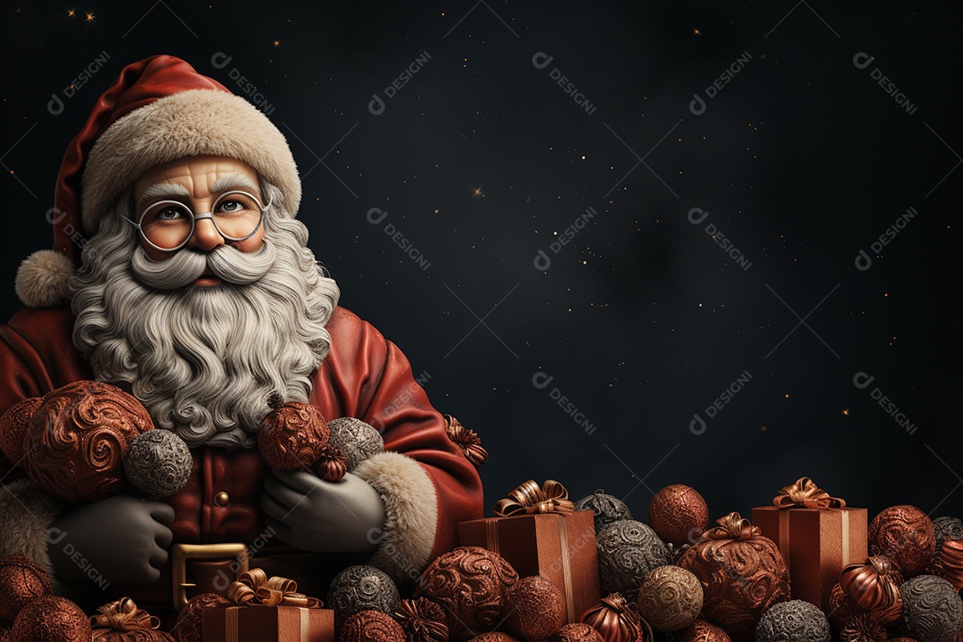 Banner de Natal Papai Noel celebra com caixas de presente, galhos de árvores de abeto e enfeites vermelhos, fundo de cor escura