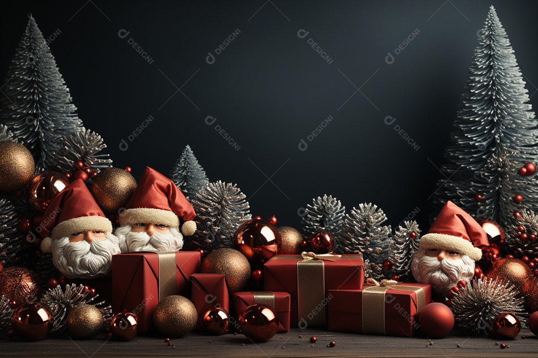 Banner de Natal Papai Noel celebra com caixas de presente, galhos de árvores de abeto e enfeites vermelhos, fundo de cor escura