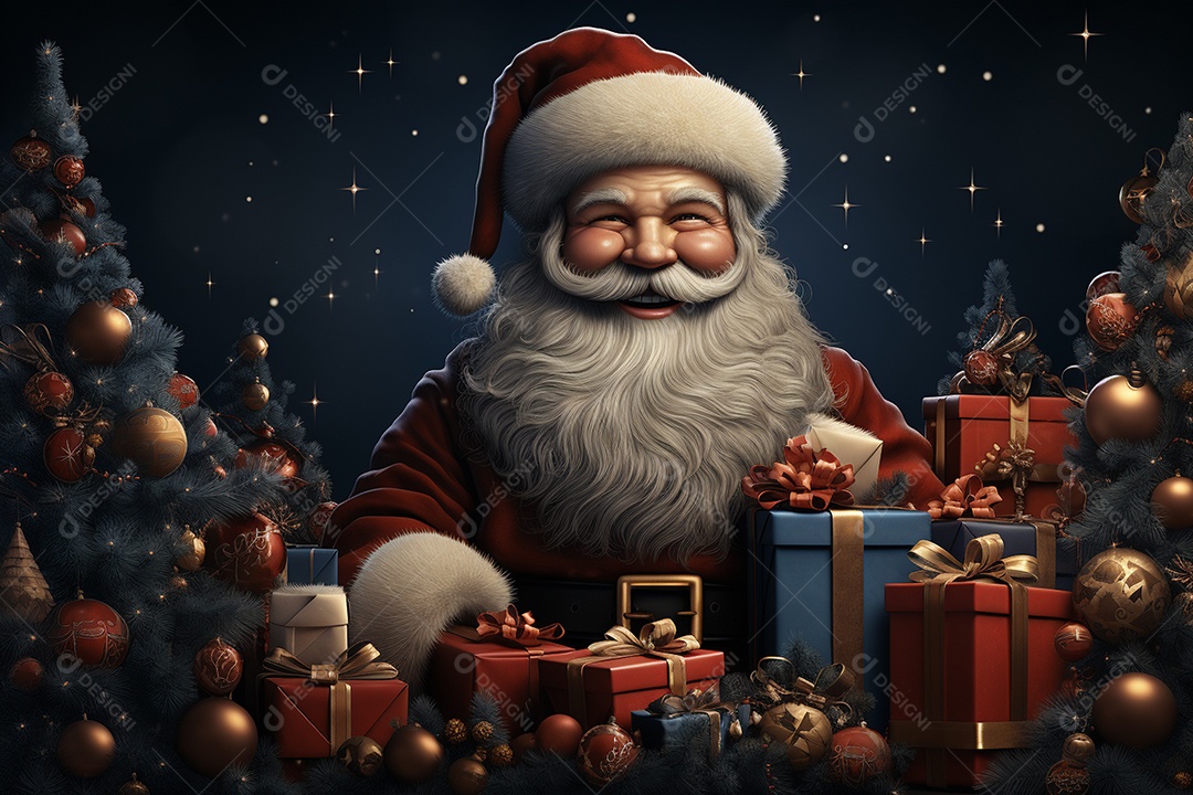 Banner de Natal Papai Noel celebra com caixas de presente, galhos de árvores de abeto e enfeites vermelhos, fundo de cor escura