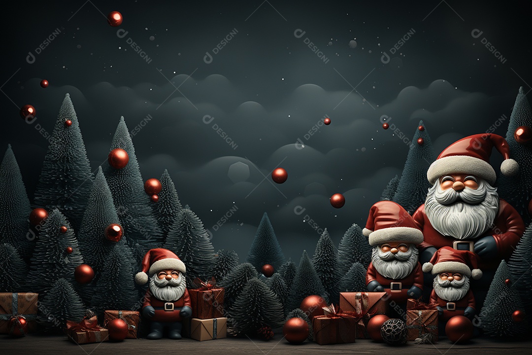 Banner de Natal Papai Noel celebra com caixas de presente, galhos de árvores de abeto e enfeites vermelhos, fundo de cor escura