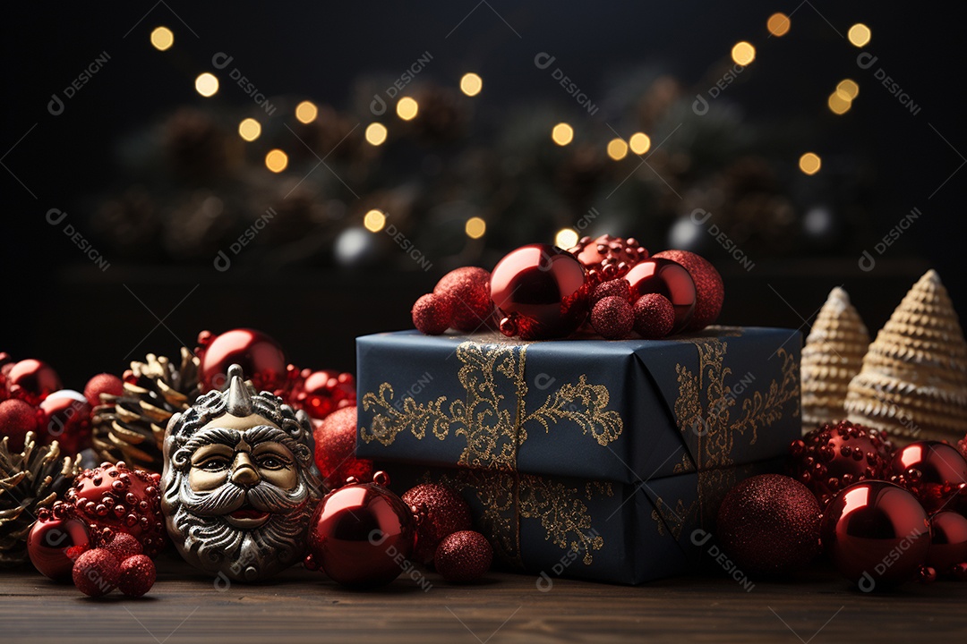 Banner de Natal Papai Noel celebra com caixas de presente, galhos de árvores de abeto e enfeites vermelhos, fundo de cor escura