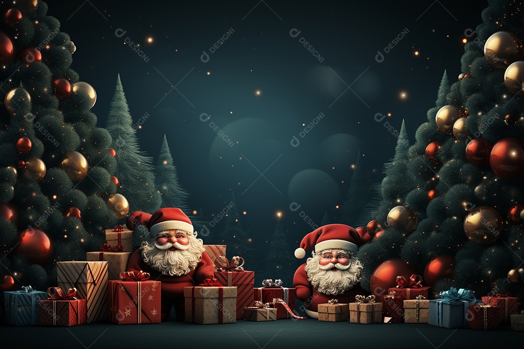 Banner de Natal Papai Noel celebra com caixas de presente, galhos de árvores de abeto e enfeites vermelhos, fundo de cor escura