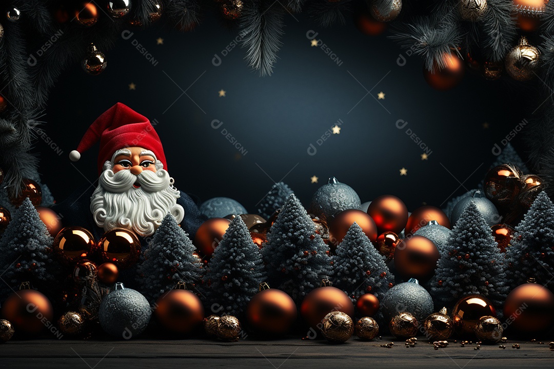 Banner de Natal Papai Noel celebra com caixas de presente, galhos de árvores de abeto e enfeites vermelhos, fundo de cor escura