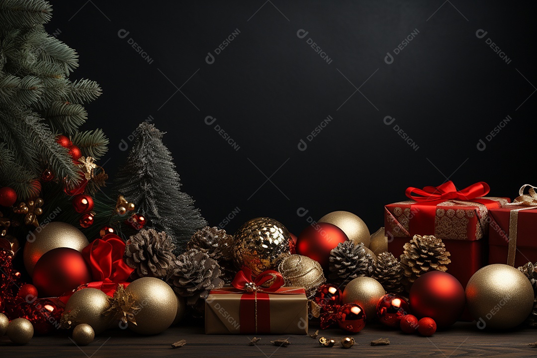 Banner de Natal Papai Noel celebra com caixas de presente, galhos de árvores de abeto e enfeites vermelhos, fundo de cor escura