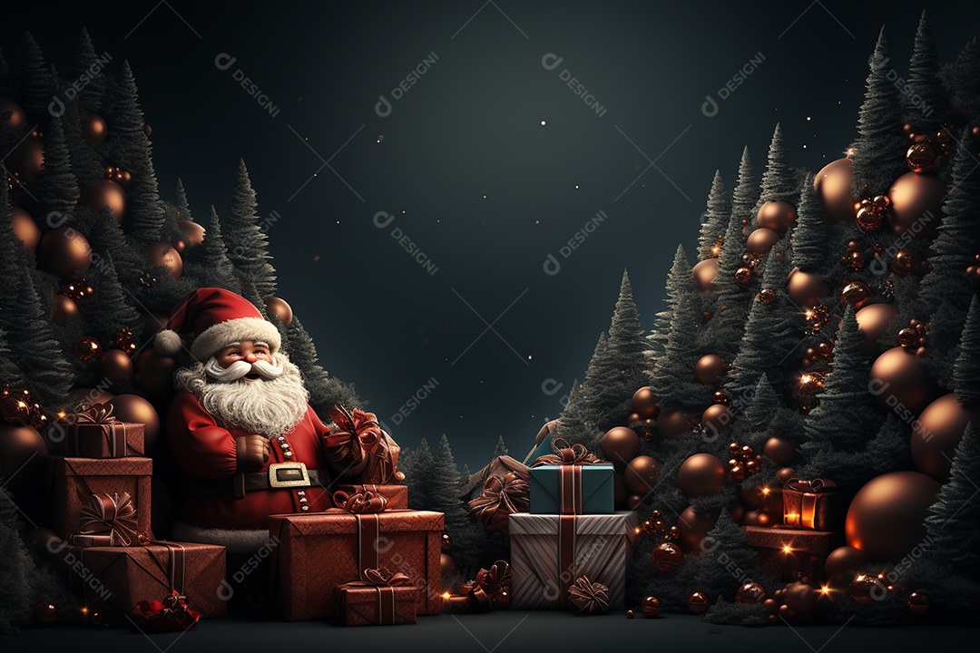 Banner de Natal Papai Noel celebra com caixas de presente, galhos de árvores de abeto e enfeites vermelhos, fundo de cor escura