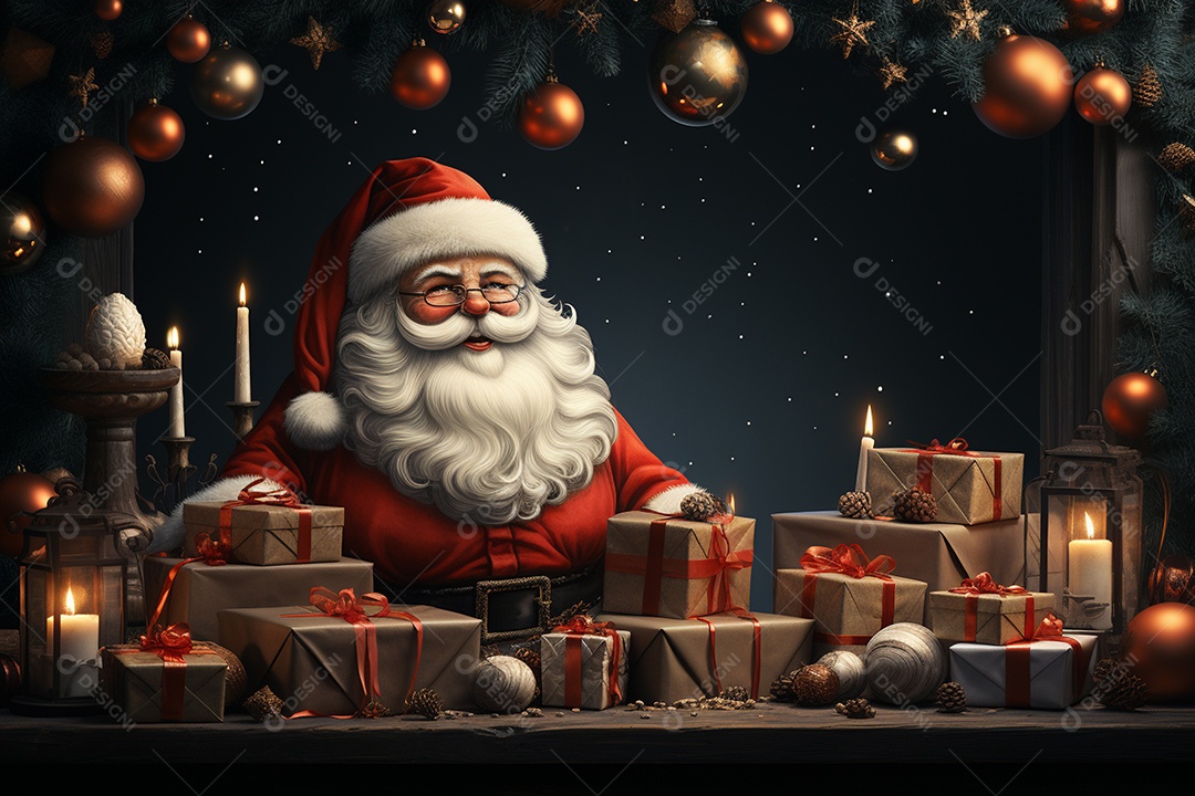 Banner de Natal Papai Noel celebra com caixas de presente, galhos de árvores de abeto e enfeites vermelhos, fundo de cor escura