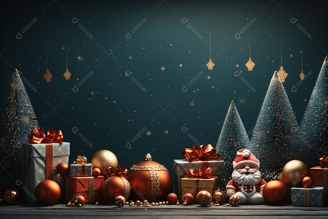 Banner de Natal Papai Noel celebra com caixas de presente, galhos de árvores de abeto e enfeites vermelhos, fundo de cor escura