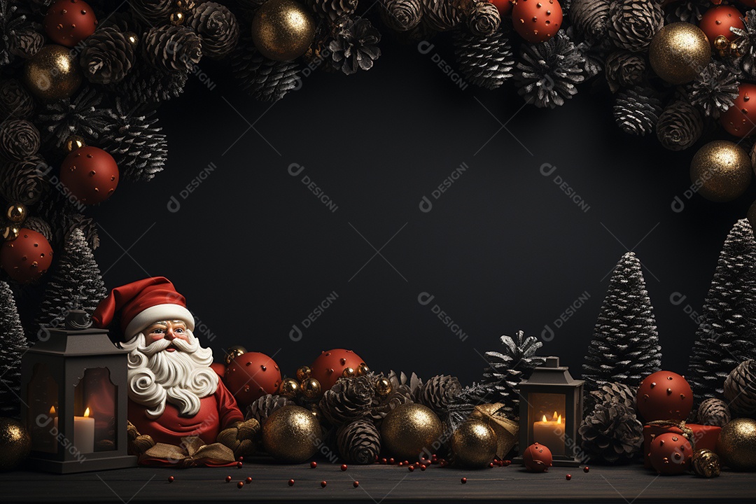 Banner de Natal Papai Noel celebra com caixas de presente, galhos de árvores de abeto e enfeites vermelhos, fundo de cor escura