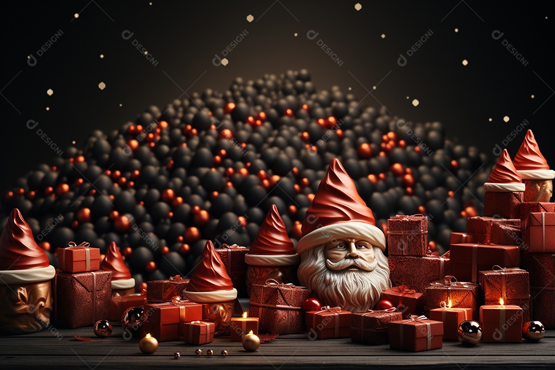 Banner de Natal Papai Noel celebra com caixas de presente, galhos de árvores de abeto e enfeites vermelhos, fundo de cor escura