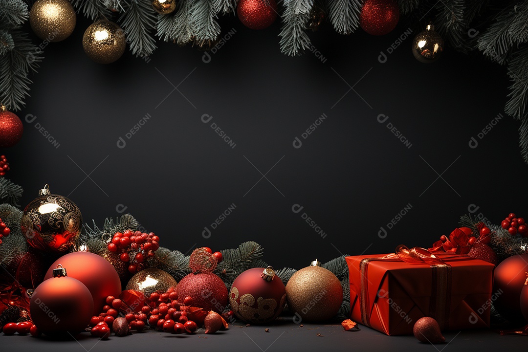 Banner de Natal Papai Noel celebra com caixas de presente, galhos de árvores de abeto e enfeites vermelhos, fundo de cor escura