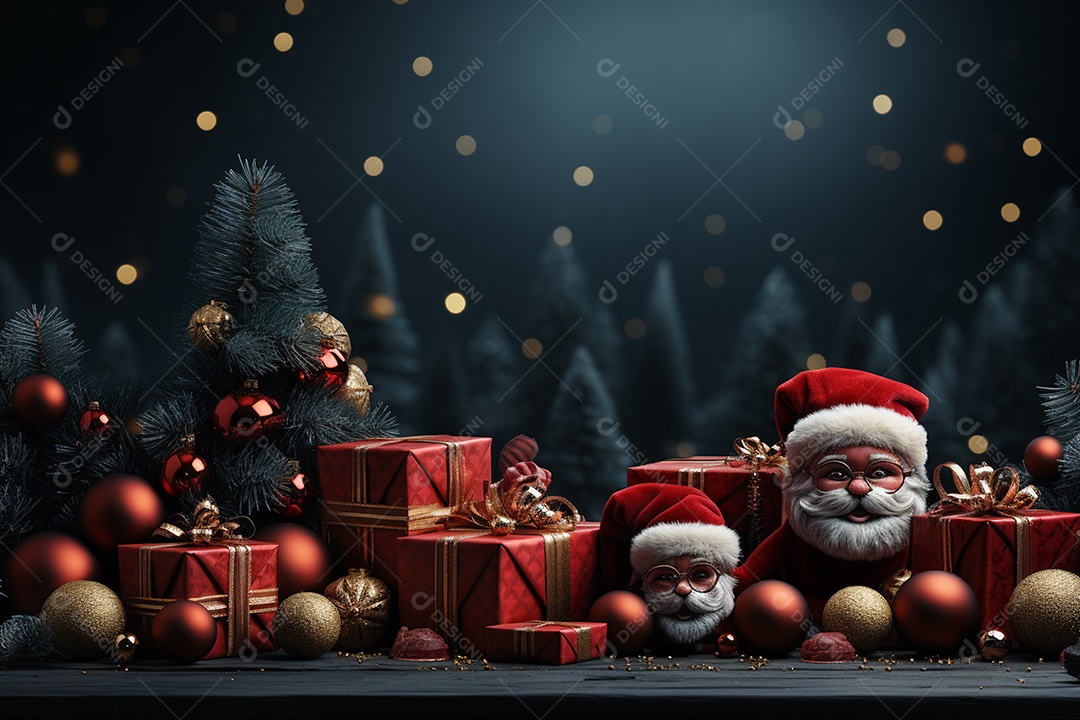 Banner de Natal Papai Noel celebra com caixas de presente, galhos de árvores de abeto e enfeites vermelhos, fundo de cor escura