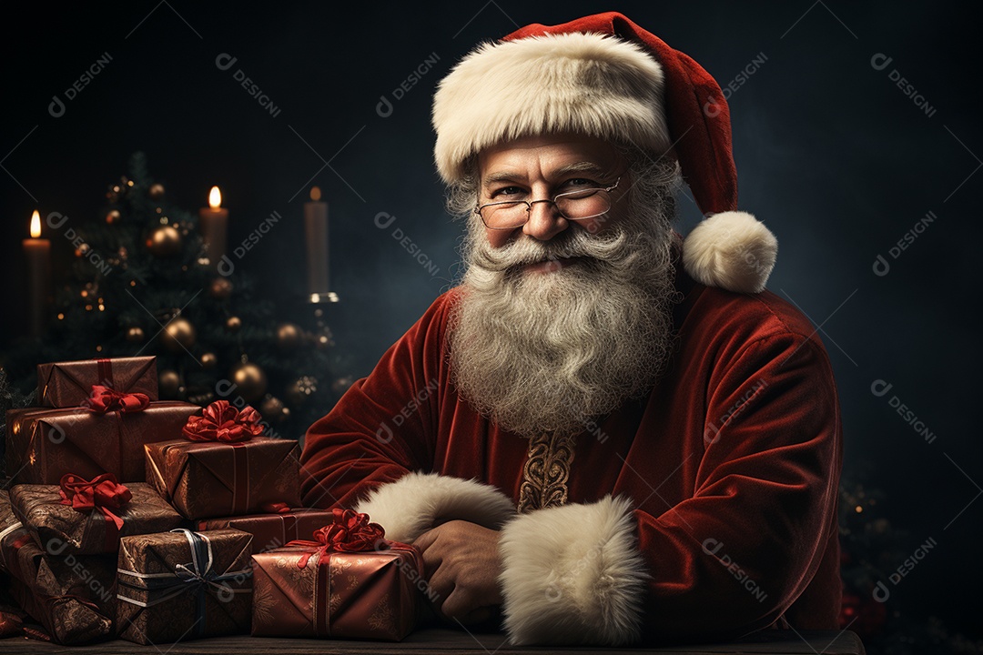 Banner de Natal Papai Noel celebra com caixas de presente, galhos de árvores de abeto e enfeites vermelhos, fundo de cor escura